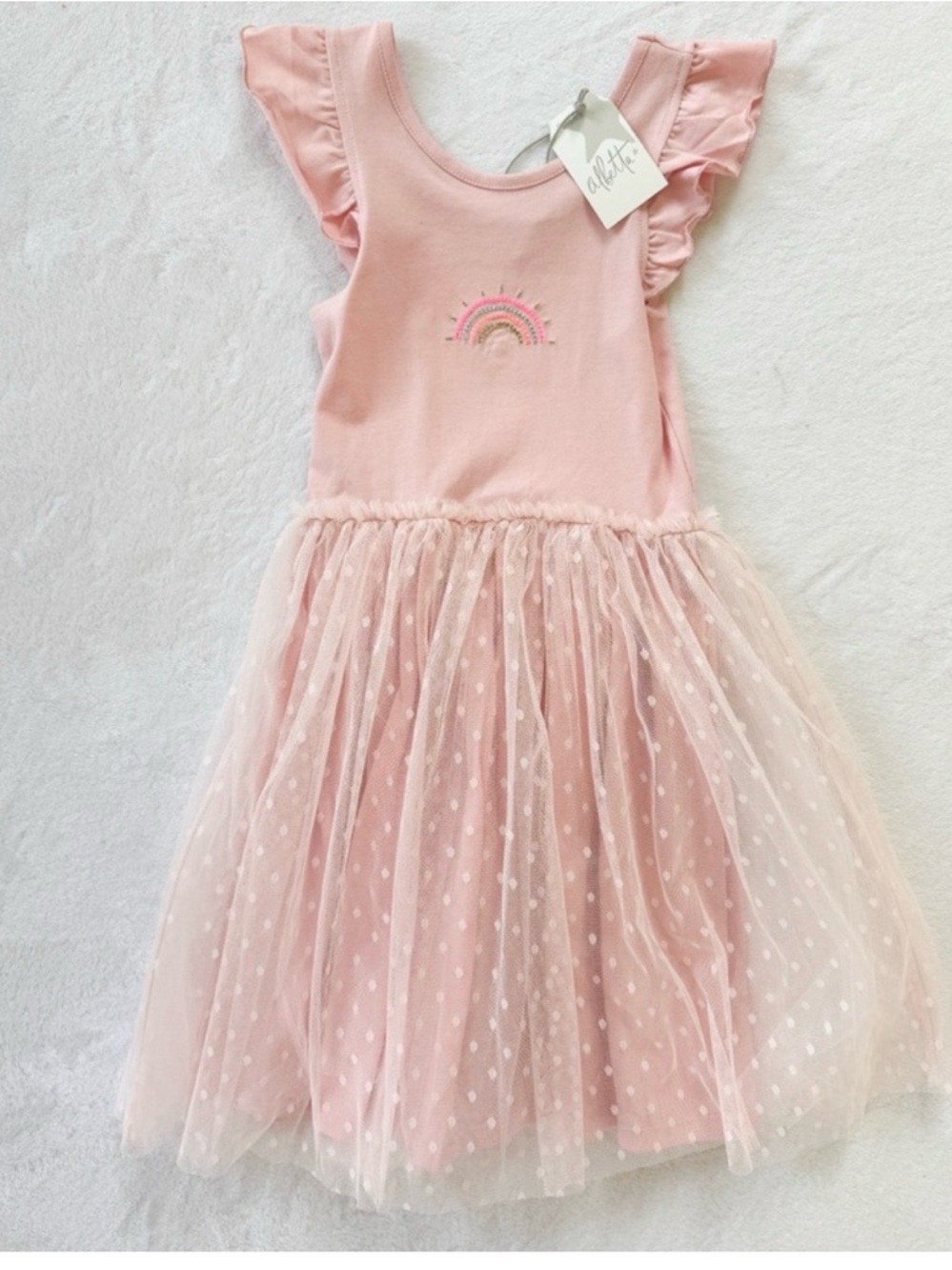 NWT Pink Rainbow Tulle Dress Girls 4-6 Flutter Sleeve